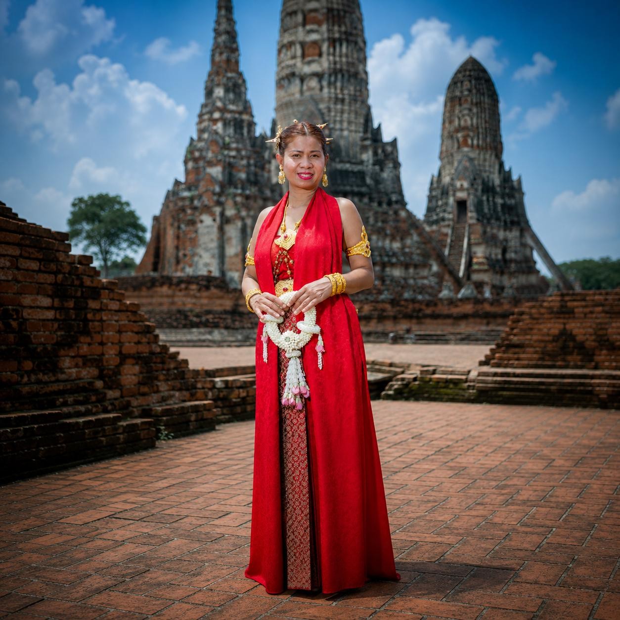 Phanni Botta in traditioneller Tracht vor den Tempeln der Heimat